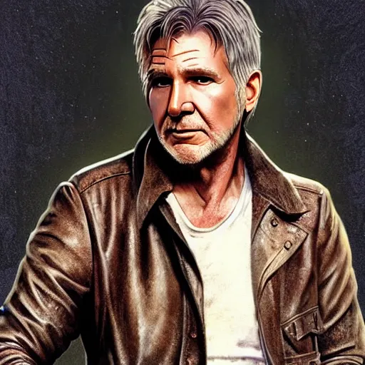 Image similar to a highly detailed epic cinematic concept art CG render digital painting artwork costume design: Harrison Ford/Ryan Gosling, old scars, long hair, grizzled, tired, with a bottle of vodka, in an old 1950s leather jacket. By Greg Rutkowski, Ilya Kuvshinov, WLOP, Stanley Artgerm Lau, Ruan Jia and Fenghua Zhong, trending on ArtStation, made in Maya, Blender and Photoshop, octane render, excellent composition, cinematic atmosphere, dynamic dramatic cinematic lighting, aesthetic, very inspirational, arthouse