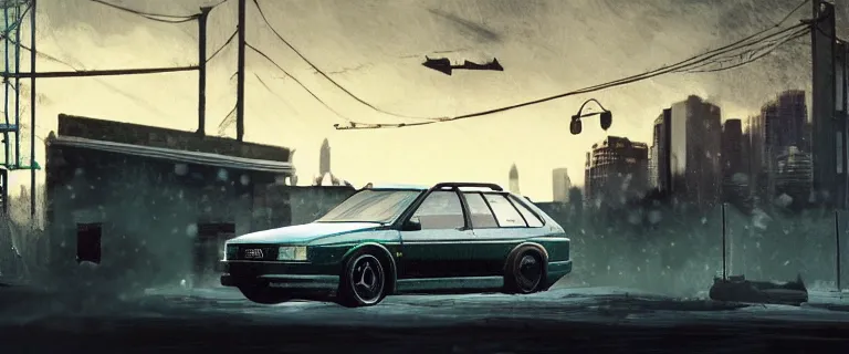 Image similar to Aqua Metallic Audi RS 2 Avant (1995), black car, a gritty neo-noir, dramatic lighting, cinematic, establishing shot, extremely high detail, photorealistic, cinematic lighting, artstation, by simon stalenhag, Max Payne (PC) (2001) winter new york