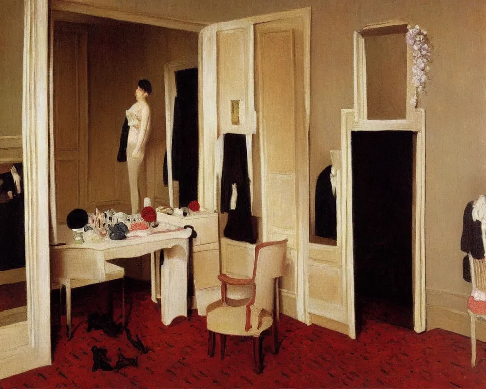 Image similar to achingly beautiful painting of a sophisticated, well - decorated dressing room by rene magritte, monet, and turner. whimsical.