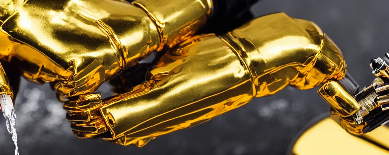 Image similar to a closeup of a gold robot hand holding a fountain pen, hyper realistic