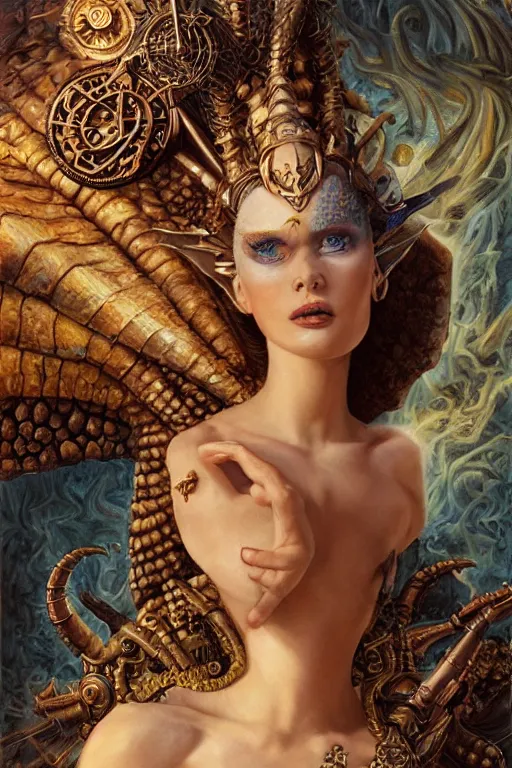 Image similar to Mystical Valkyrie, Portrait of a beautiful female Atlantean Reptilian Warrior, Realistic, Regal, Refined, Detailed Digital Art, Michael Cheval, Walt Disney (1937), François Boucher, Oil Painting, Steampunk, Highly Detailed, Cinematic Lighting, Unreal Engine, 8k, HD