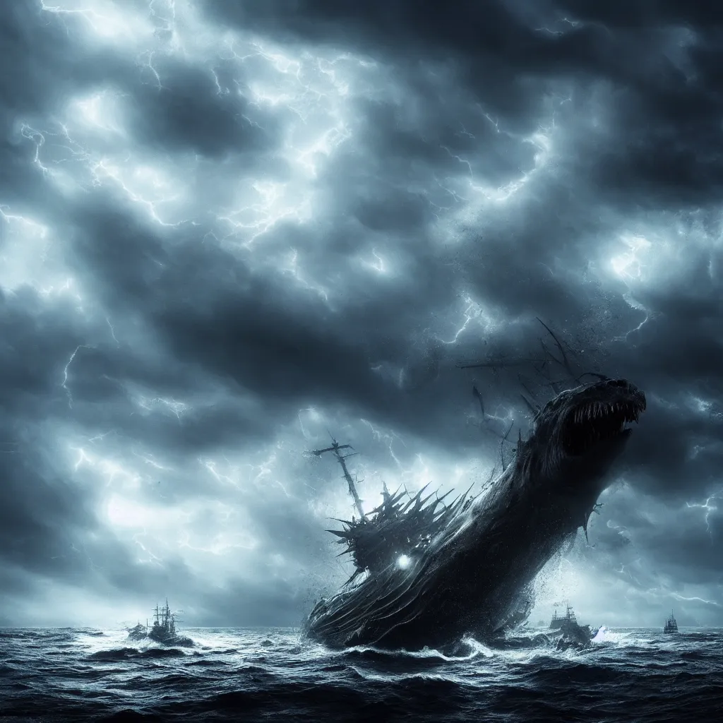 Prompt: a sea monster attacks one ship in a storm, dark and mysterious, stopped in time, atmospheric, ominous, eerie, cinematic, Epic, 8k, 4k, ultra detail, ultra realistic