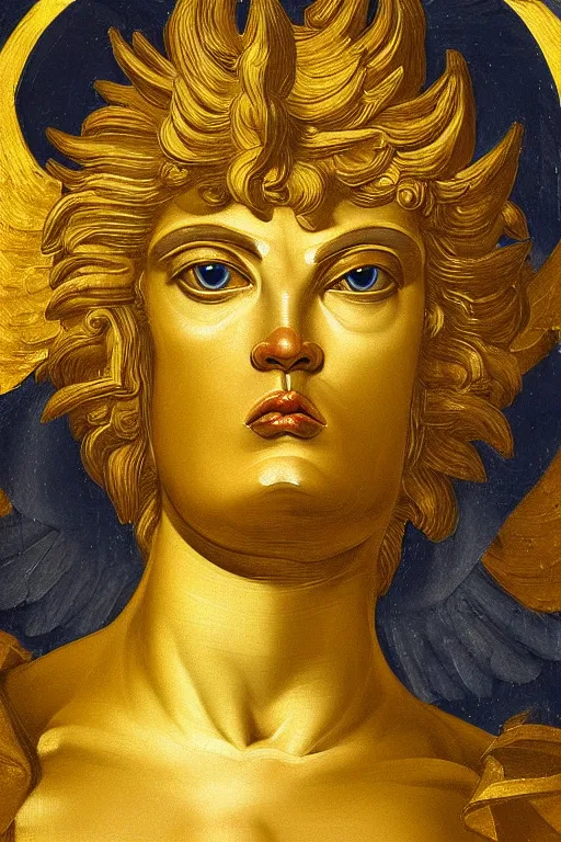 Image similar to archangel Michael, angry face, closeup, ultra detailed, made in gold, Guido Reni style