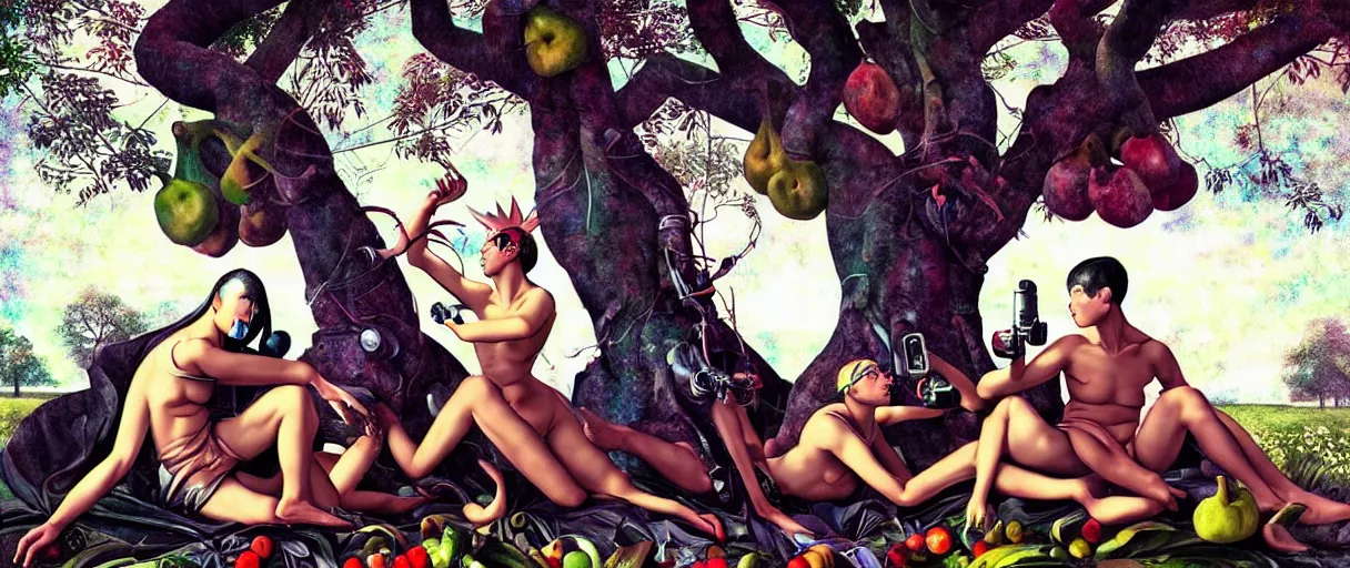 Prompt: minimalist hyperdetailed photorealistic cyborgs under a big tree, eating interesting elaborate fruits. in the style of Caravaggio and Paul Gauguin, with liberty cyberpunk and flemish baroque mixed media elements. beautiful!!!!!!! hyperrealistic soft pastel tones. matte background HD 8x