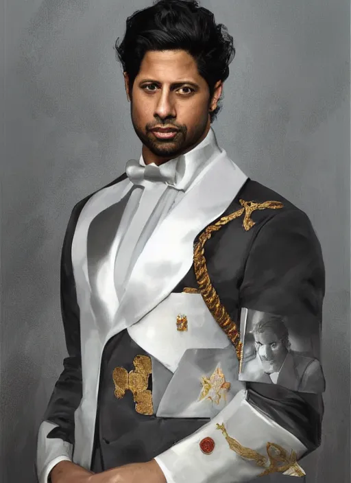 Image similar to a professional painting of Adam Rodriguez as a handsome young prince, wearing an high fashion paper tuxedo, intricate, elegant, digital painting, concept art, smooth, sharp focus, illustration, from Metal Gear, by Ruan Jia and Mandy Jurgens and Artgerm and William-Adolphe Bouguereau