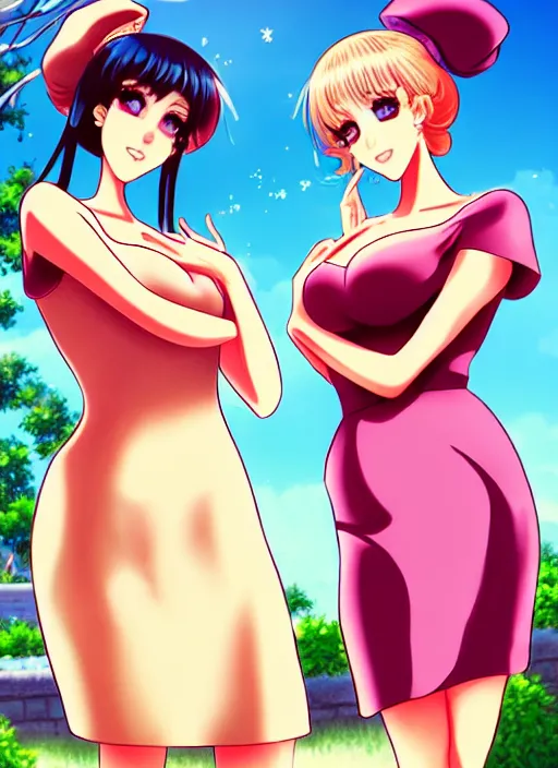 Prompt: two beautiful housewives outside on a hot summer evening, gorgeous faces, thick lines, cinematic lighting, detailed anime art