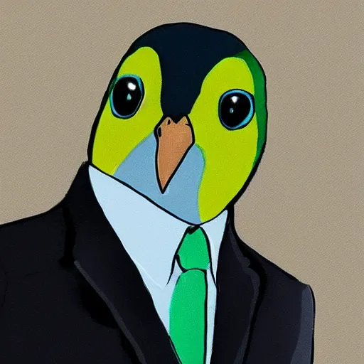 Image similar to a confident looking budgie in a suit