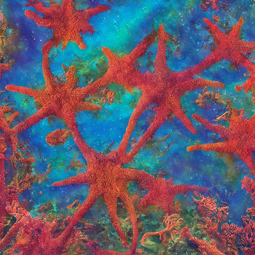 Prompt: album art of an alien landscape made out of different coloured corals and starfish, omni magazine, detailed