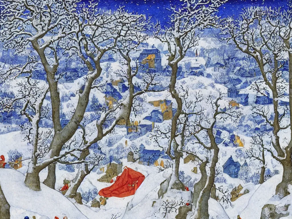 Image similar to winter scene with dragon. painting by limbourg brothers