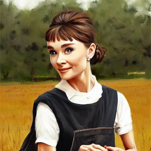 Image similar to young audrey hepburn wearing overalls, on a farm, painting by artgerm, greg rutkowski