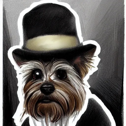 Image similar to detective yorkshire terrier wearing a fedora, disney eyes, in a dark alley, by D&D Concept Artists