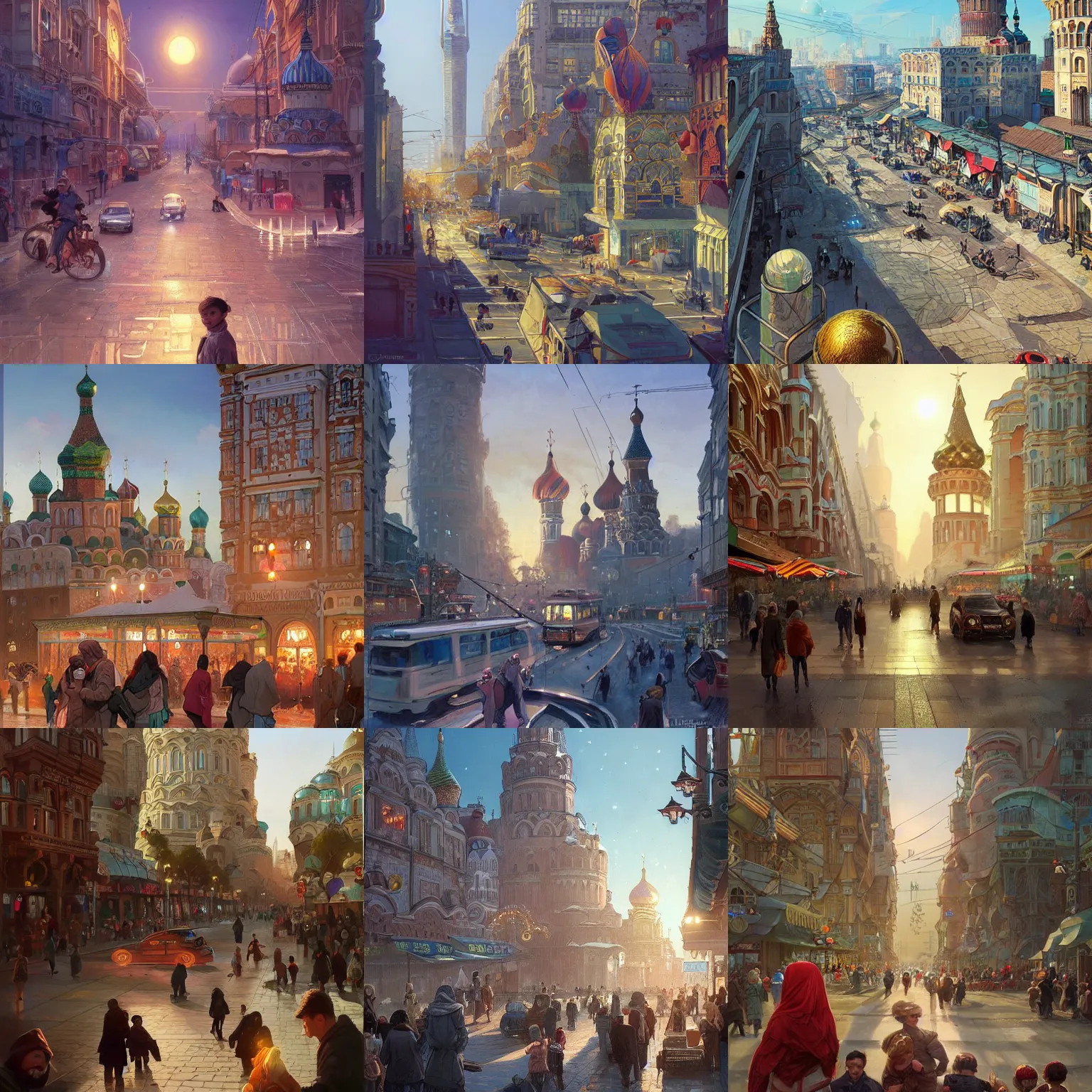 Prompt: russian city, a view from the eyes on the street, a wonderful future, retrofuturism, arabic architecture, a crowd of adults and children, a holiday, joy, a bright night. highly detailed, digital painting, artstation, concept art, matte, sharp focus, illustration, art by artgerm and greg rutkowski and alphonse mucha