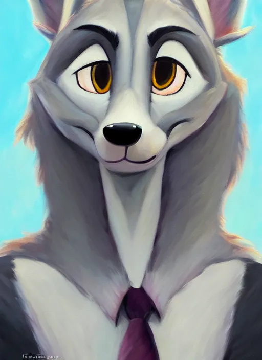 Image similar to oil painting of anthromorphic female wolf, in style of zootopia, female fursona, furry, furaffinity, 4 k, deviantart, furry art, fursona art, wearing black business suit, business suit, wolf fursona, female, very expressive detailed feminine face,