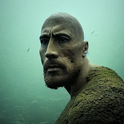 Prompt: Award-winning photograph by Mar Mann. The photo depicts a decaying roman bust of Dwayne Johnson overgrown with moss at the bottom of the sea in the middle of ruins of civilization. Minimalism, high definition, perfect composition. Deep sea picture. Very dark. Volumetric Lighting. Fish. Darkness. Ruins