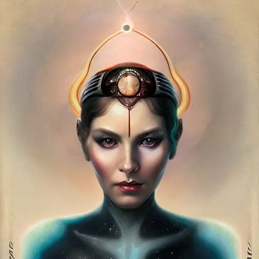 Image similar to a beautiful portrait of a cosmic goddess by Jim Burns and Tom Bagshaw, Trending on Artstation, nebula background