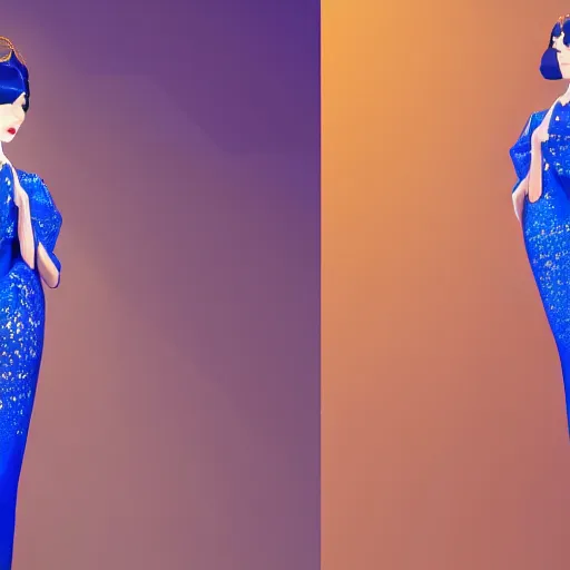 Prompt: innovative avant-garde art, deco fashion, asian women, wearing blue, highly detailed, photorealistic portrait, serene reflective glass room setting, golden hour, crisp quality and light reflections, unreal engine 5 quality render