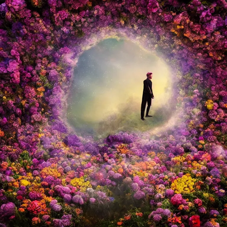 Image similar to a planet of various flowers, fungus and plants, in which the singular human figure is dressed in something magical and impressive, inside the picture is infinity, sunset light, Atmospheric phenomenon, artistic photography, muted colors, conceptual, long exposure outside the city, volumetric light