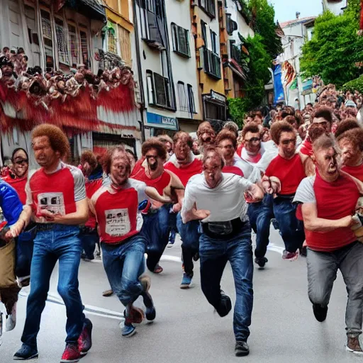Prompt: the running of the gigantic screaming bob ross in pamplona spain