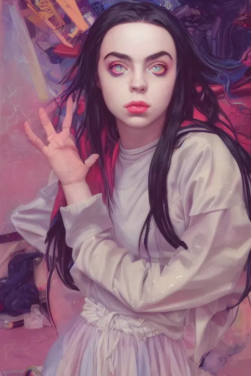 Prompt: billie eilish portrait of a vaporwave girl in a cluttered 9 0 s bedroom, by artgerm, tom bagshaw, gerald brom, vaporwave!, vaporwave colors!, symetrical, 4 k, lo fi colors, lo fi, 4 k, hd,