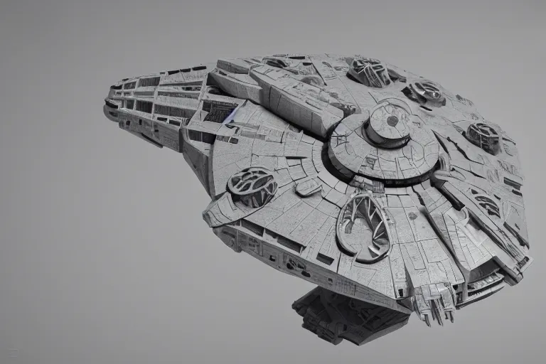 Prompt: crystal and ceramic millennium falcon, soft, sharp focus, detailed, sci-fi, hyperrealism, Subsurface scattering. Octane Render, artwork by Tooth Wu and wlop and greg rutkowski