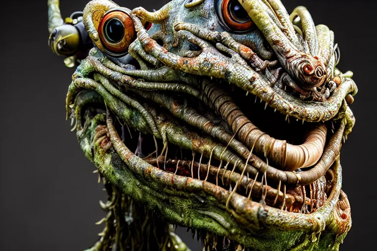 Image similar to wide angle photo taken of an epic intricate, ultra detailed, super realistic gritty, hero prop, exquisitely weathered animatronic movie prop of a lifelike sculpture of a wet, slimey nightmarish hellish alien creature displayed in the workshop, created by weta workshop, full body shot, photorealistic, sharp focus