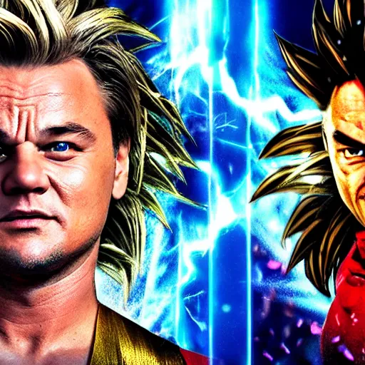 Prompt: Photo realistic live action Super Saiyan Leonardo Di Caprio vs Majin Bill Murray WWE takedown ray traced 8K anti-aliased highly detailed cinematic render award winning photography pay-per-view screen recording