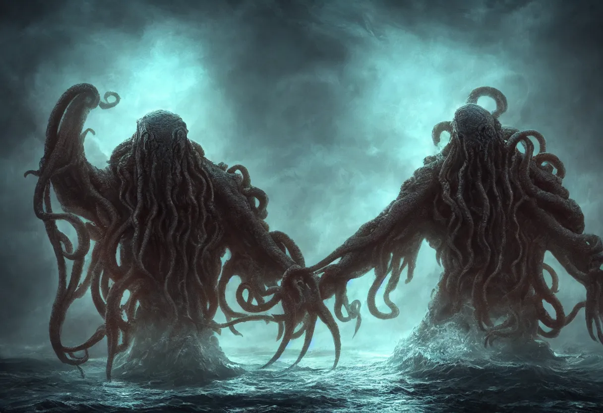 Image similar to concept art of cthulhu with glowing eyes emerging from the ocean, omnious old photo, cinematic lighting, apocalyptic, atmospheric, hyper realism, realistic, octane render, dramatic lighting, highly detailed, cinematic