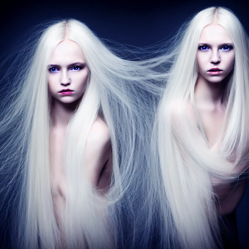 Prompt: photo portrait of a young woman with long blond hair dressed in long white, fine art photography light painting in style of Paolo Roversi, professional studio lighting, dark background, hyper realistic photography, fashion magazine style