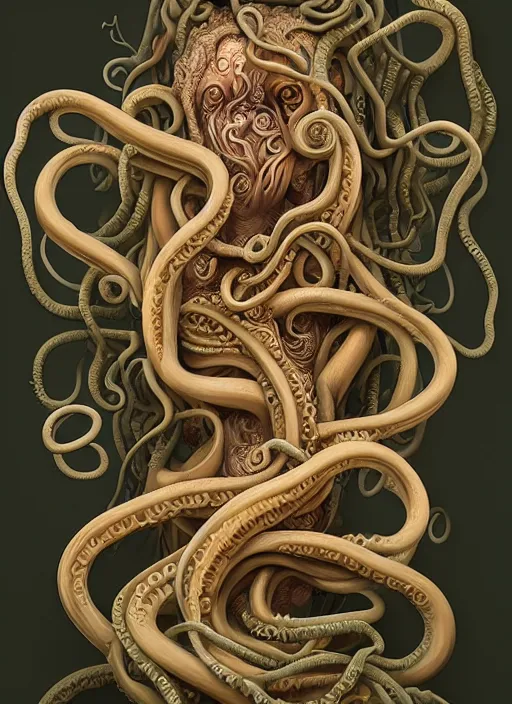 Image similar to medusa with tentacle hair, wooden art nouveau swirls, strong subsurface scattering, cables, tubes, subsurface scattering, in the style of james jean and tomasz alen kopera and giger, subsurface scattering, mystical colors, rim light, soft lighting, 8 k, stunning scene, raytracing, octane render, trending on artstation