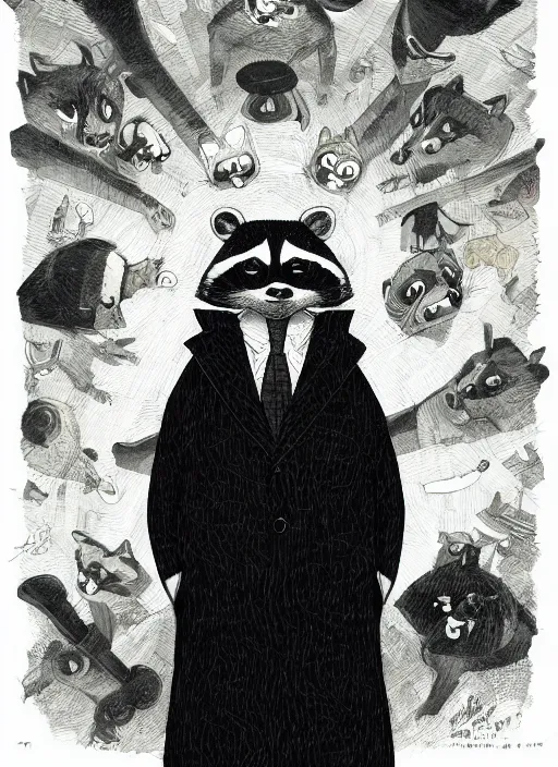 Image similar to an illustration portrait of an anthropomorphic raccoon mob boss, by victo ngai, by stephen gammell, by george ault, in the style of animal crossing, artstation