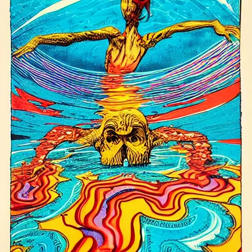 Prompt: by tony diterlizzi expressive, hyperdetailed woodcut. a body art of a swimming pool with a big splash in the center. the colors are very bright & the body art is very eye - catching.