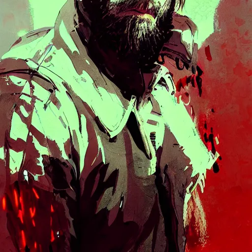 Image similar to portrait of pewdiepie with an angry expression, blood covering his face, wearing a leather jacket, dramatic lighting, illustration by Greg rutkowski, yoji shinkawa, 4k, digital art, concept art, trending on artstation