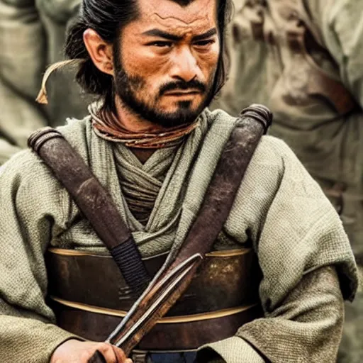 Image similar to handsome and strong! kurdish! samurai in a movie directed by christopher nolan, movie still frame, promotional image, imax 7 0 mm footage, perfect symmetrical facial features