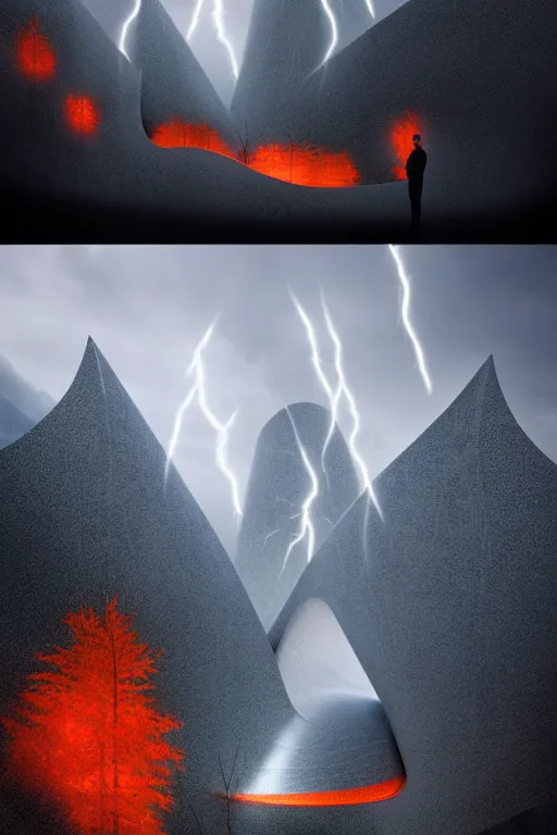 Image similar to a futuristic scene in front of a zaha hadid building in the forrest of the french alps in the style of chris moore, stormy weather with lightning, cinematic matte painting, extreme detail 8 k photo quality, orange lasers, snowfall, featured on behance