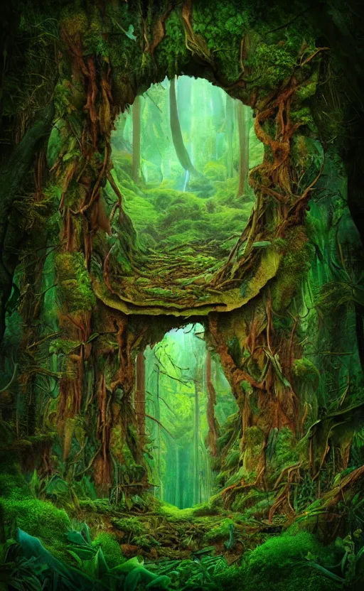 Image similar to the portal in the forest in the style of Roger Dean and beeple, 35mm, photo realistic, epic, cinematic