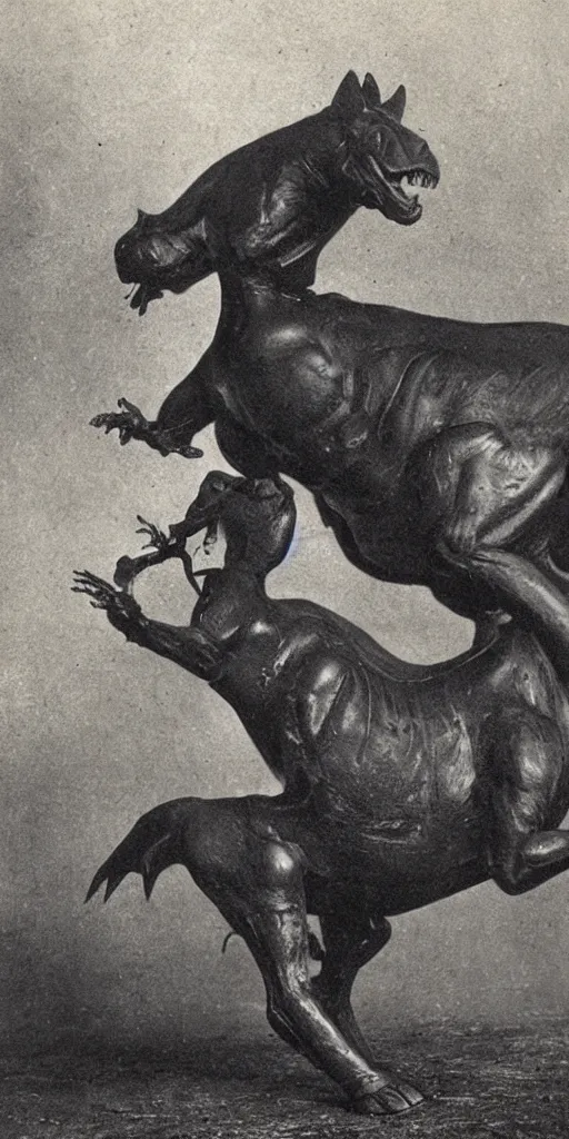 Prompt: t rex and a horse wearing high heels, anamorphic, strange, black and white, photograph, 1850s