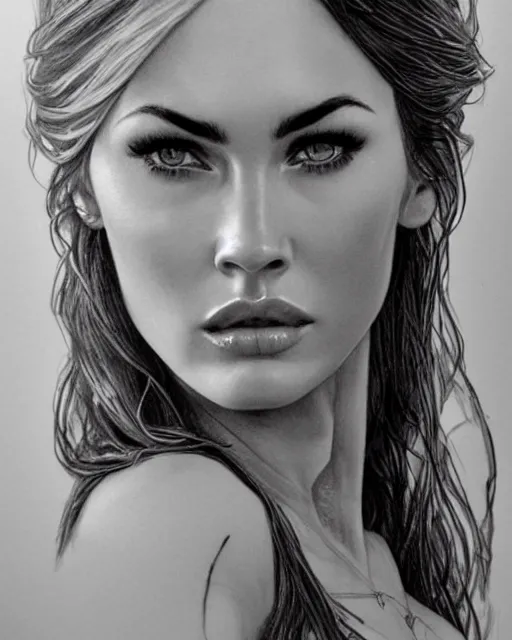 Image similar to pencil drawing of beautiful megan fox as greek goddess aphrodite, archer warrior, sagittarius tattoo, beautiful piercing eyes, flowing blonde hair, realistic face, hyper realistic, in the style of greg rutkowski, fantasy, amazing detail, epic, intricate, elegant, smooth, sharp focus