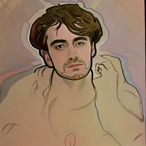 Prompt: David Tenant in style of Alfons Mucha, stylized