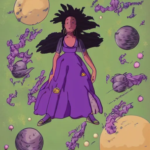 Image similar to black woman with purple dreads in space in the style of ghibli