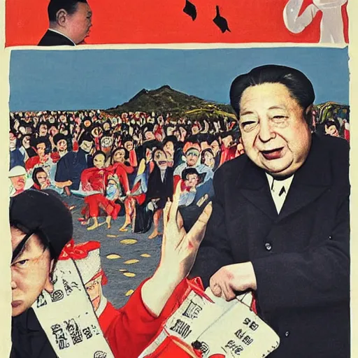 Image similar to george soros dressed as mao tse dong. where's wally, on a beach with beautiful girls, flying a kite, by goya