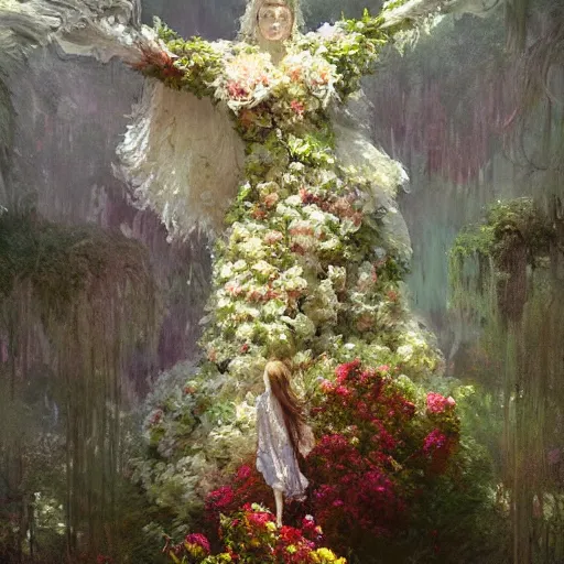 Image similar to a gigantic beautiful terrifying monster made of flowers looms over a tiny human. ethereal horror fantasy art by greg rutkowski and magali villanueve and monet