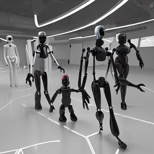 Image similar to family in humanoid robot store, unreal engine 5, ray tracing, 8 k, uhd