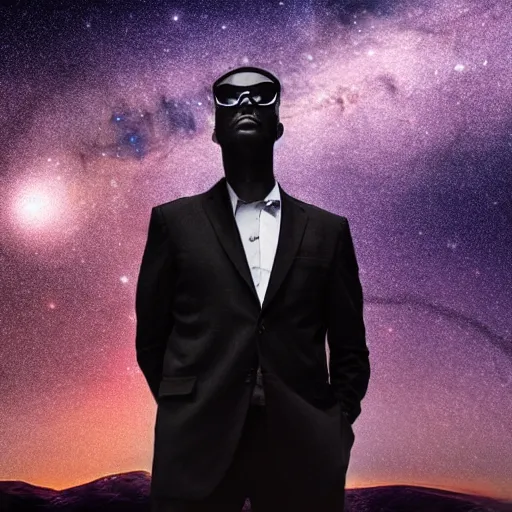 Prompt: men in black standing at the edge of the galaxy, cinematic, photoshopped, high details