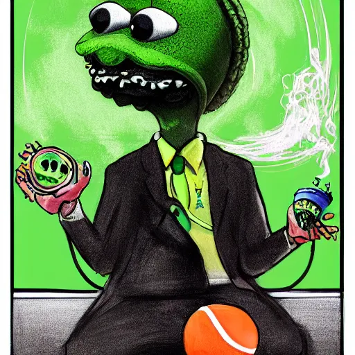 Image similar to snoop dogg tennis ball monster ,tennis ball, digital art, smoke, fantasy,chalk, magic, trending on artstation, ultra detailed, professional illustration by Basil Gogos