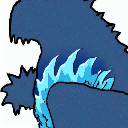 Image similar to a blue water wave in the silhouette shape of Godzilla, cartoon drawing