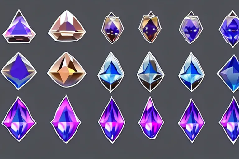 Image similar to design sheet of various magic gems and crystals, prismatic