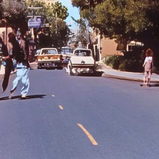 Prompt: a street in los angeles with 2 happy hippy's in 1 9 7 1. 7 0's color 4 k
