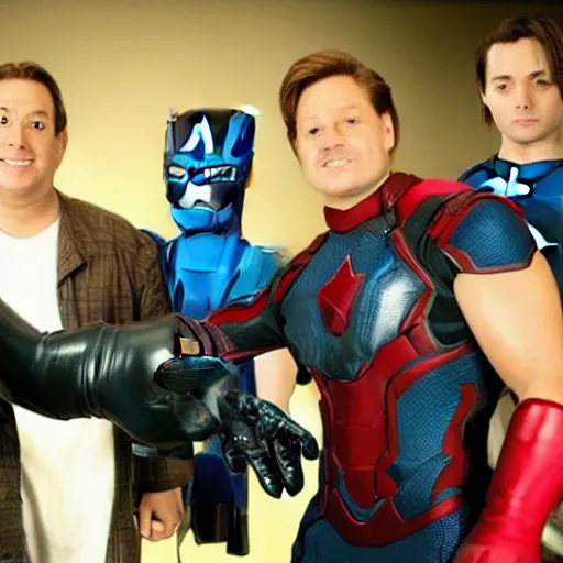 Image similar to thanks wearing a Nintendo power glove, promotion photo from avengers movie
