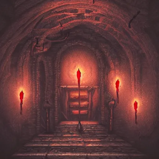 Prompt: art of a dark and desolate stone dungeon with red tattered tapestry, chains dangling from the ceiling, lit by medieval wall torches, grim and gritty, style of dark souls, high contrast, moody