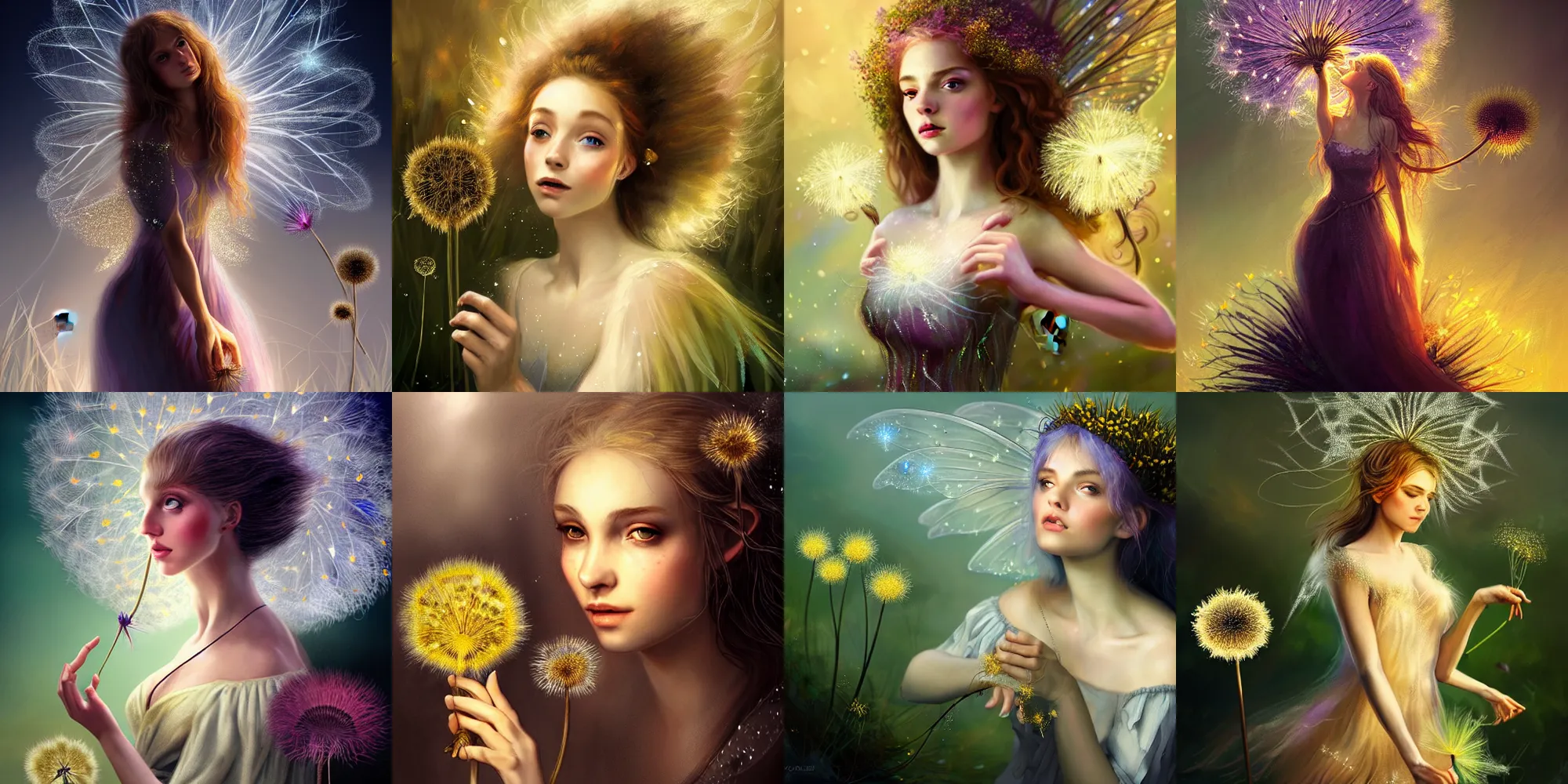 Prompt: portrait of a very beautiful fairy next to a giant dandelion with sparkles, expressive pose, D&D, highly detailed, digital painting, artstation, concept art, smooth, sharp focus, dramatic light, studio light, by rembrandt